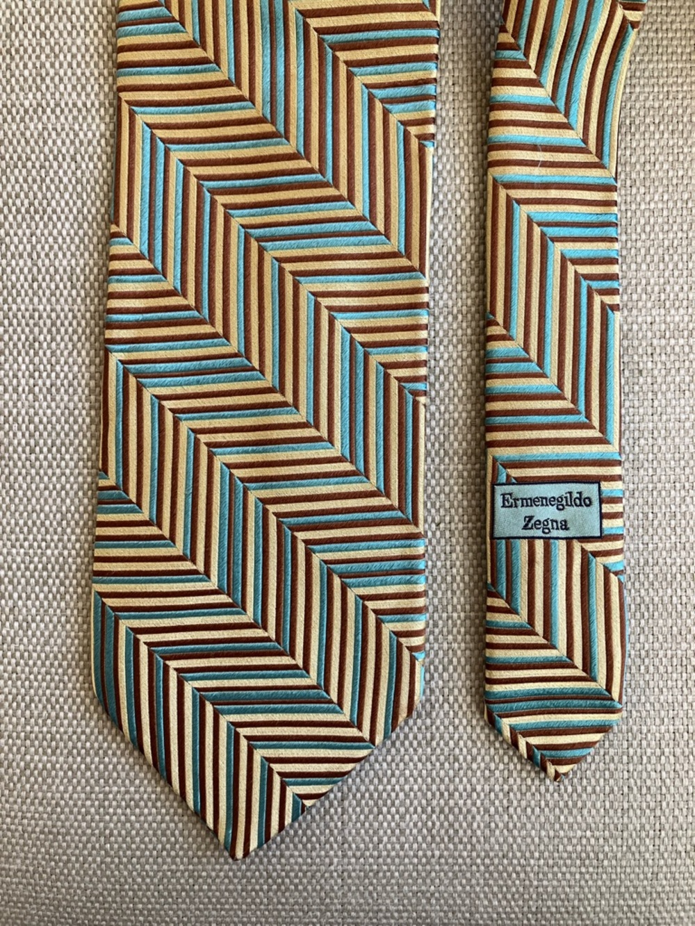 Ermenegildo Zegna vintage woven silk tie, diagonal chevron stripes, blue/gold